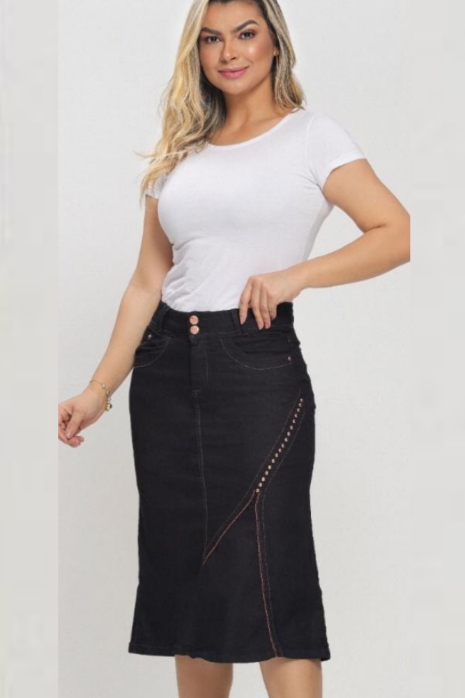 SAIA JEANS MIDI PRETA COM RECORTES