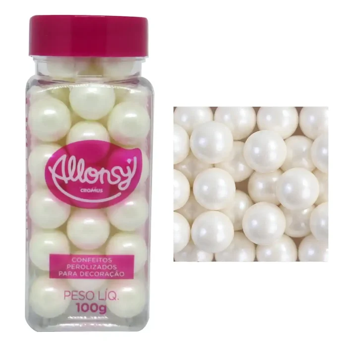 Confeito Sugar Beads Perolizado Branco 14mm (100g) - Allonsy_A