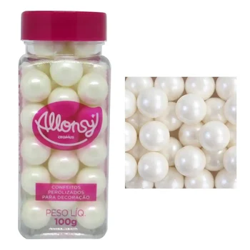 Confeito Sugar Beads Perolizado Branco 14mm (100g) - Allonsy_A
